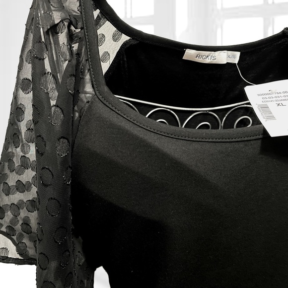 Black T-Shirt Blouse with Sheer Polka Dot Sleeves - Picture 2 of 4